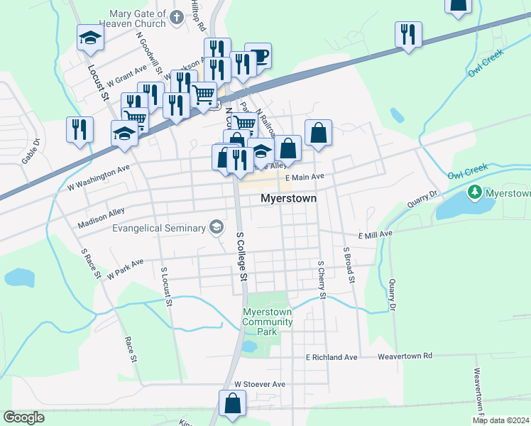 map of restaurants, bars, coffee shops, grocery stores, and more near 101 South Railroad Street in Myerstown