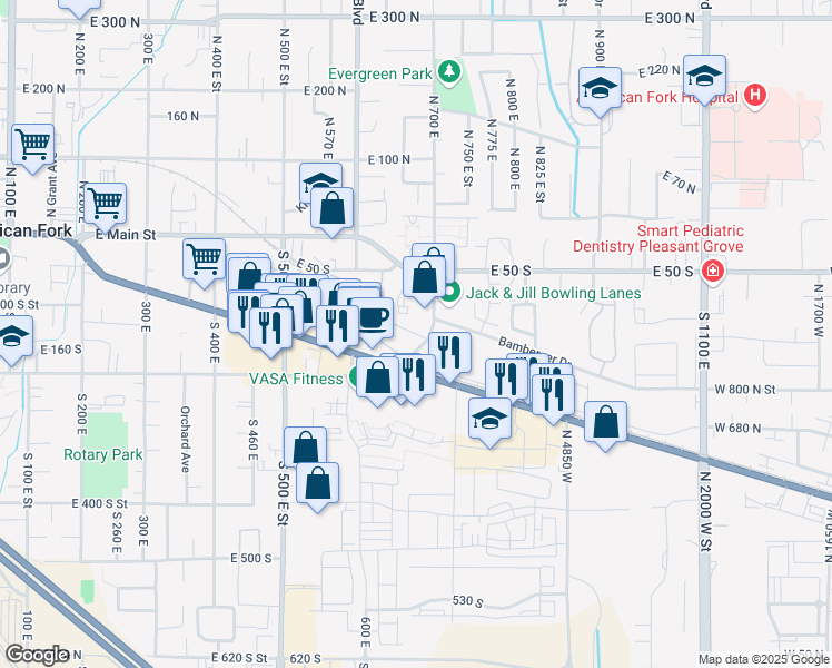 map of restaurants, bars, coffee shops, grocery stores, and more near 1099 East 110 South in American Fork