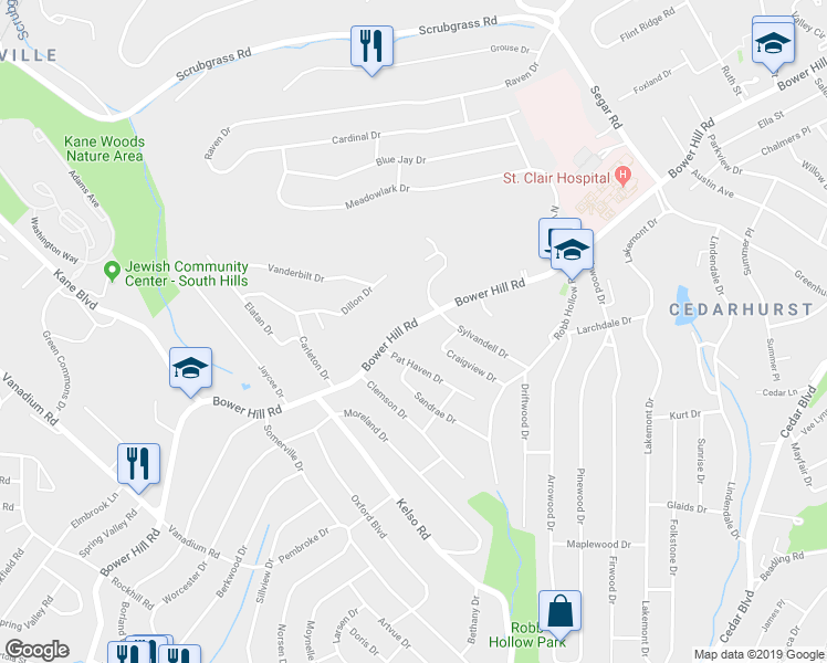 map of restaurants, bars, coffee shops, grocery stores, and more near 1327 Bower Hill Road in Pittsburgh