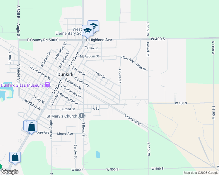 map of restaurants, bars, coffee shops, grocery stores, and more near 448 East North Street in Dunkirk