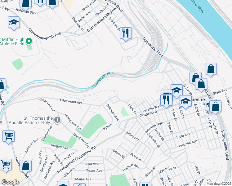 map of restaurants, bars, coffee shops, grocery stores, and more near 1104 Saint Clair Street in Duquesne