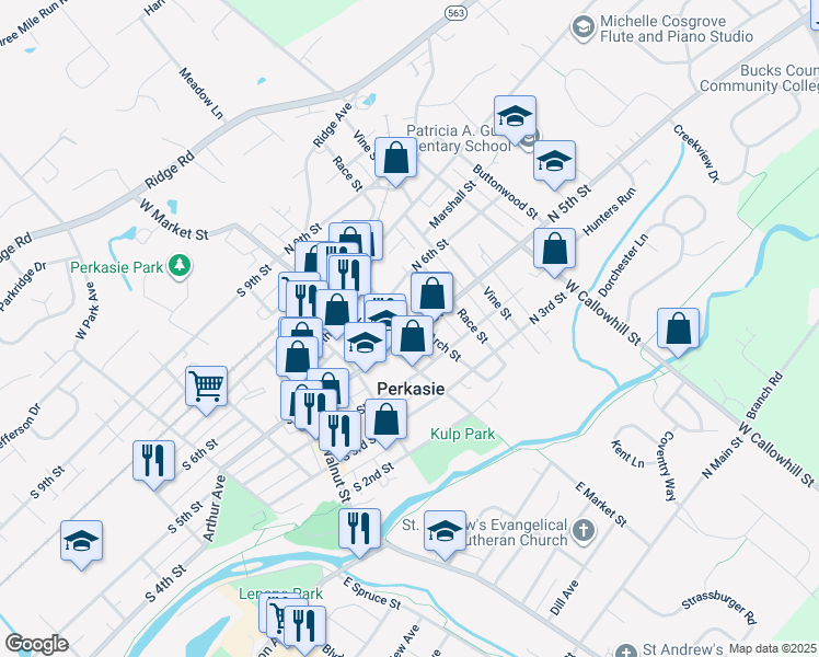 map of restaurants, bars, coffee shops, grocery stores, and more near 504 Arch Street in Perkasie