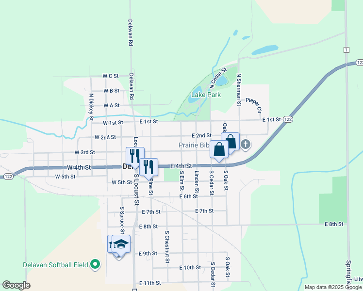 map of restaurants, bars, coffee shops, grocery stores, and more near Elm Street in Delavan