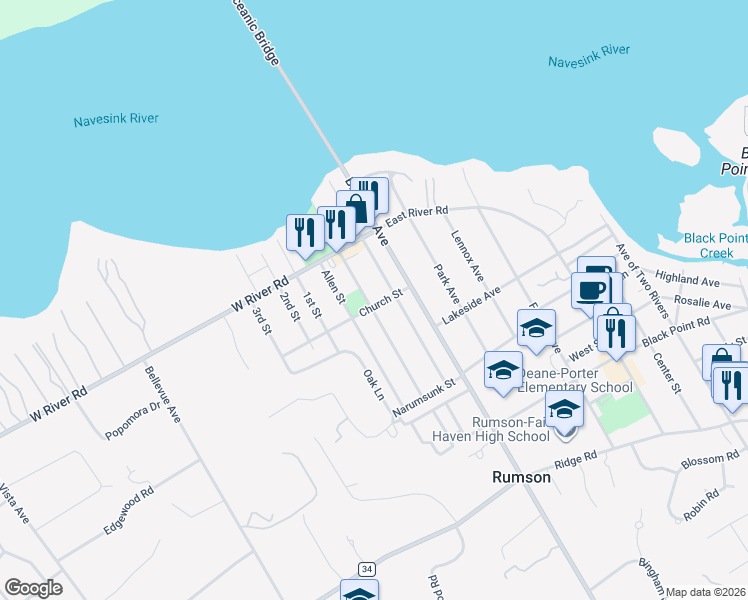 map of restaurants, bars, coffee shops, grocery stores, and more near 45 Lafayette Street in Rumson