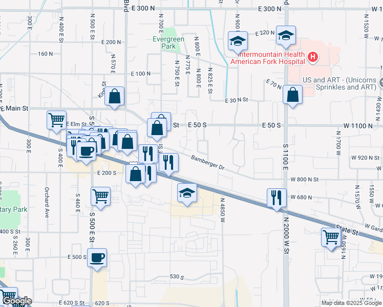 map of restaurants, bars, coffee shops, grocery stores, and more near 766 750 East in American Fork
