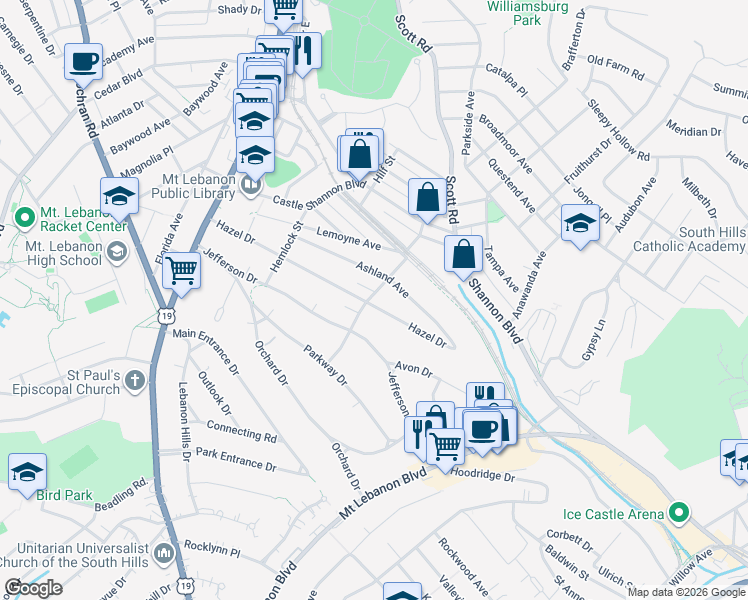 map of restaurants, bars, coffee shops, grocery stores, and more near 301 Hazel Drive in Pittsburgh