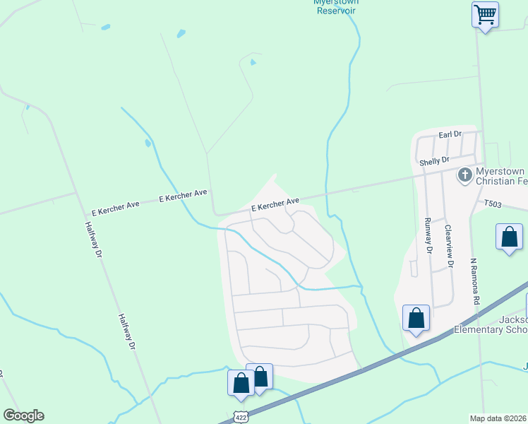 map of restaurants, bars, coffee shops, grocery stores, and more near 23 Arbor Drive in Myerstown