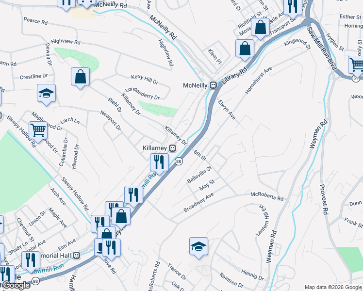 map of restaurants, bars, coffee shops, grocery stores, and more near 1000 Killarney Drive in Pittsburgh
