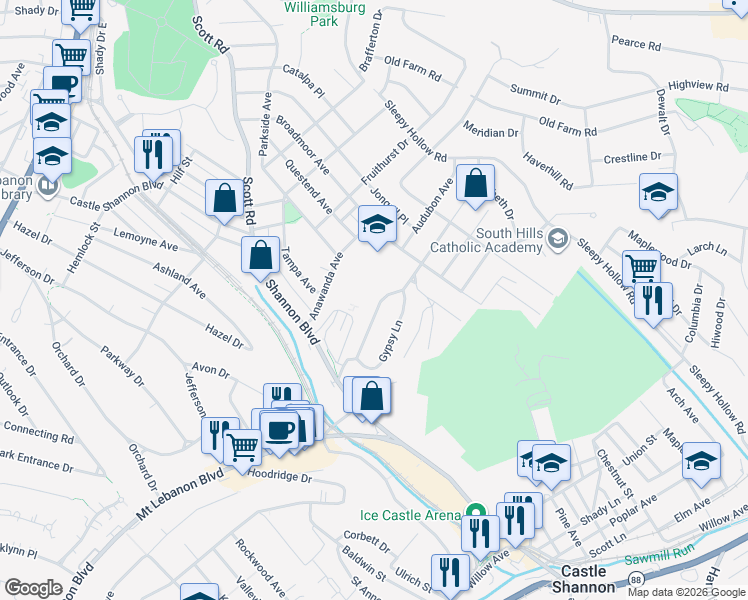map of restaurants, bars, coffee shops, grocery stores, and more near 690 Crystal Drive in Pittsburgh