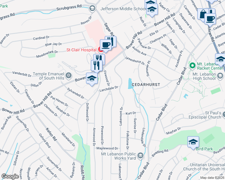 map of restaurants, bars, coffee shops, grocery stores, and more near 1062 Firwood Drive in Pittsburgh