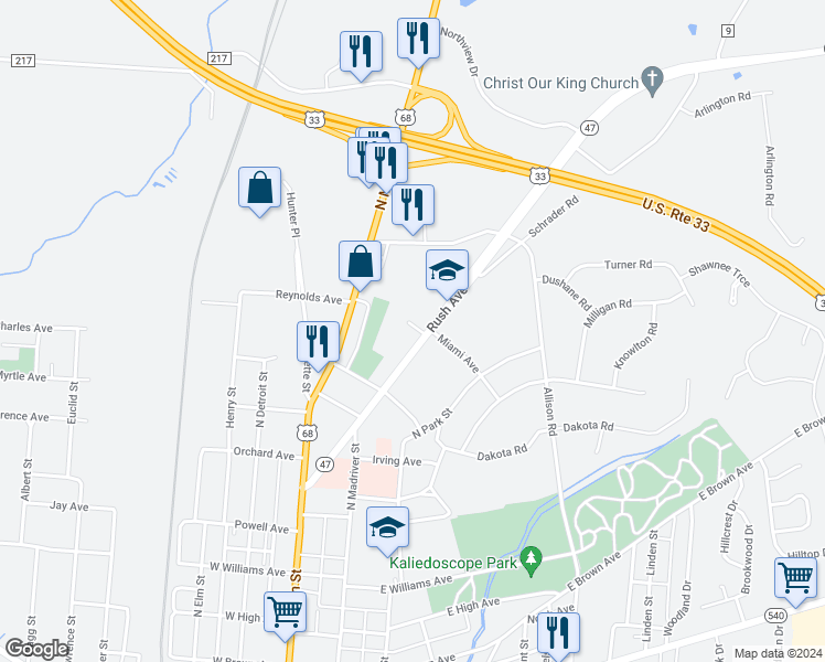 map of restaurants, bars, coffee shops, grocery stores, and more near 1003 Rush Ave in Bellefontaine