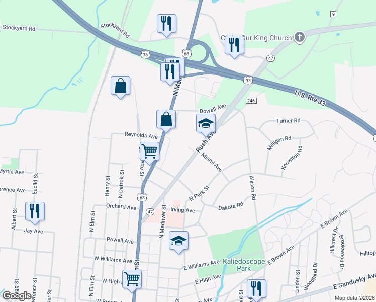 map of restaurants, bars, coffee shops, grocery stores, and more near 150 Miami Avenue in Bellefontaine