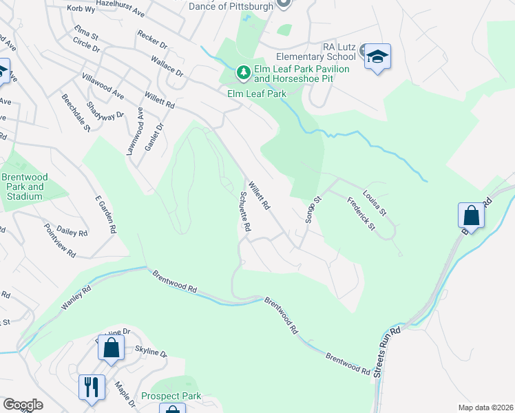 map of restaurants, bars, coffee shops, grocery stores, and more near 3735 Schuette Road in Pittsburgh
