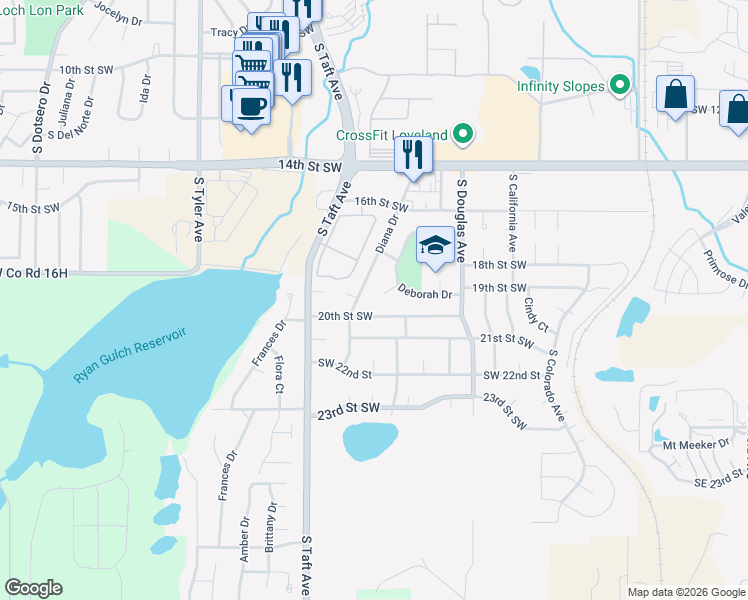 map of restaurants, bars, coffee shops, grocery stores, and more near 1028 Fuschia Court in Loveland