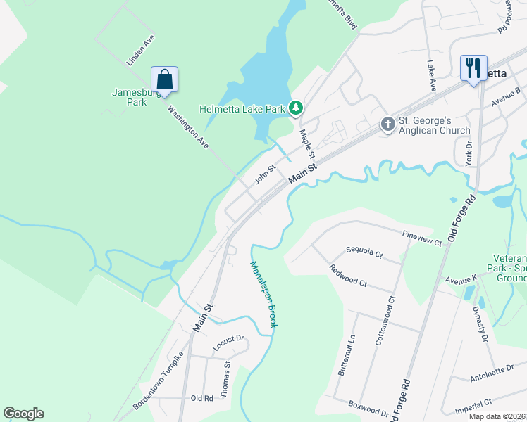 map of restaurants, bars, coffee shops, grocery stores, and more near 92 Main Street in Helmetta