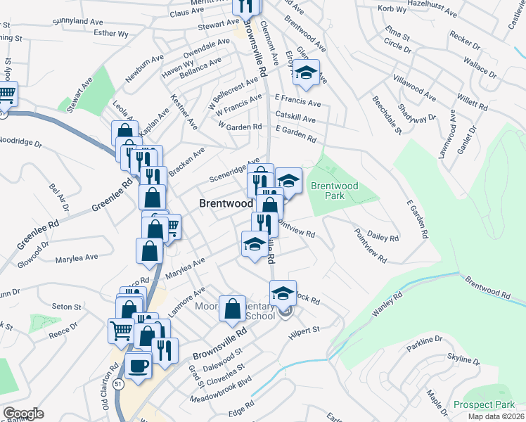 map of restaurants, bars, coffee shops, grocery stores, and more near 3604 Brownsville Road in Pittsburgh