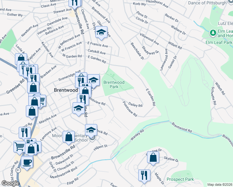 map of restaurants, bars, coffee shops, grocery stores, and more near 110 Dailey Road in Brentwood