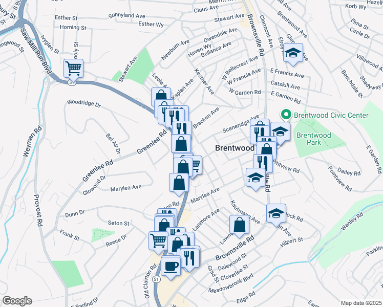 map of restaurants, bars, coffee shops, grocery stores, and more near 3404 Shadewell Avenue in Pittsburgh