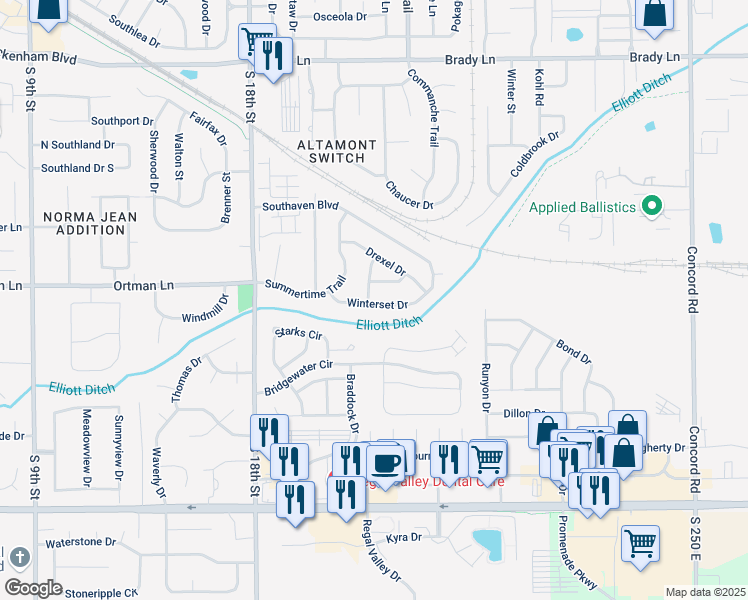 map of restaurants, bars, coffee shops, grocery stores, and more near 3459 Plymouth Drive in Lafayette