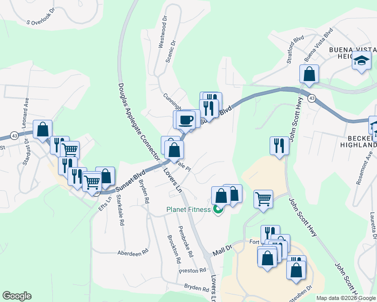 map of restaurants, bars, coffee shops, grocery stores, and more near 4242 Sunset Boulevard in Steubenville