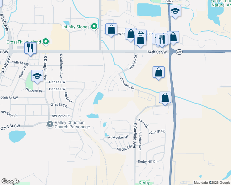 map of restaurants, bars, coffee shops, grocery stores, and more near 458 Cholla Drive in Loveland