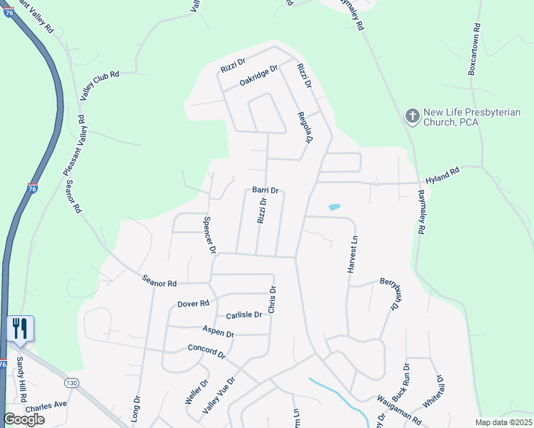 map of restaurants, bars, coffee shops, grocery stores, and more near 18 Rizzi Drive in Irwin