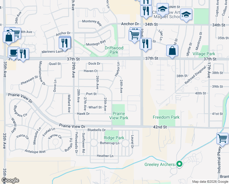map of restaurants, bars, coffee shops, grocery stores, and more near 2414 Lagoon Court in Evans
