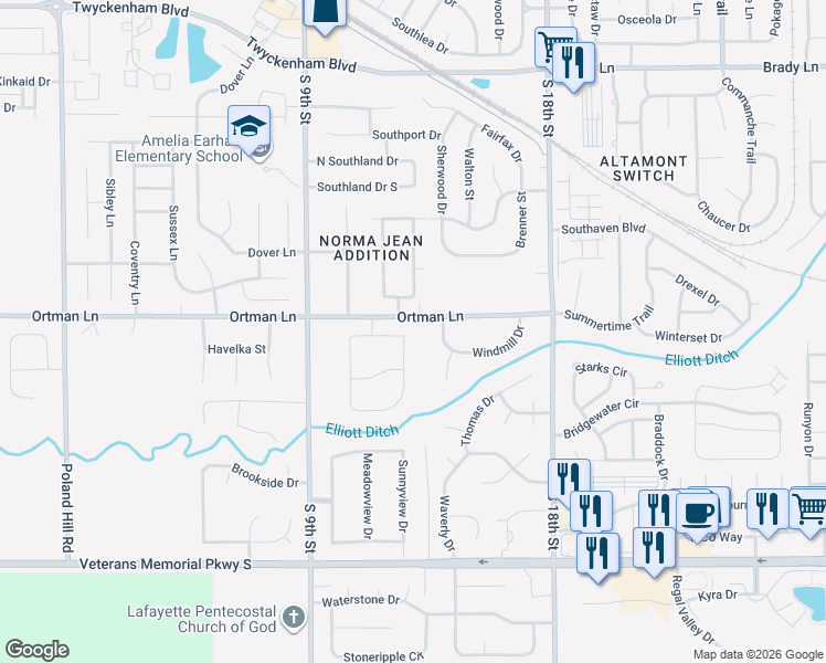 map of restaurants, bars, coffee shops, grocery stores, and more near 3591 Canterbury Drive in Lafayette