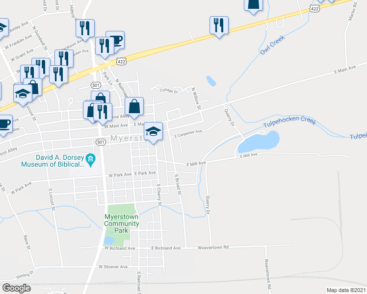 map of restaurants, bars, coffee shops, grocery stores, and more near 108 South Court Street in Myerstown