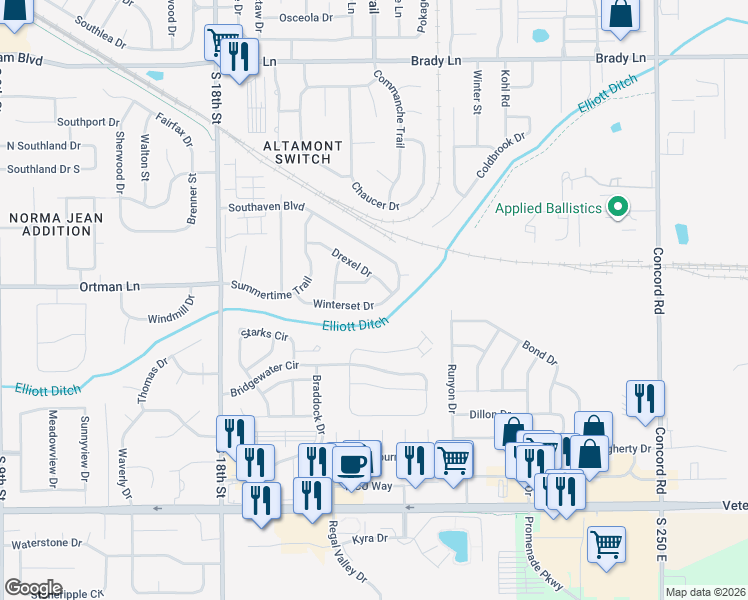 map of restaurants, bars, coffee shops, grocery stores, and more near 2326 Winterset Drive in Lafayette