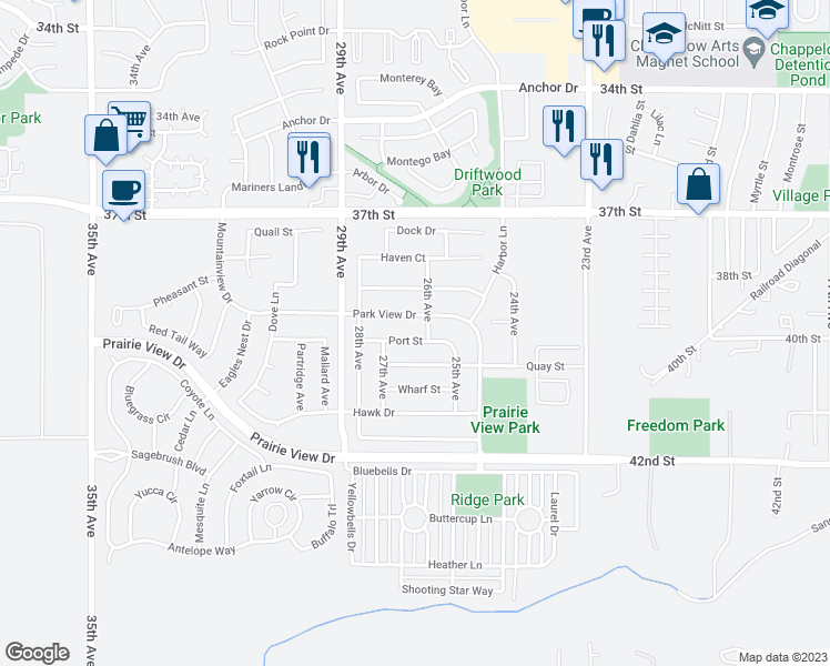 map of restaurants, bars, coffee shops, grocery stores, and more near 2605 Port Street in Evans