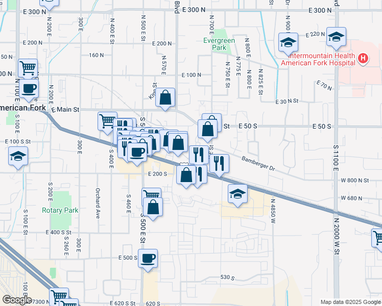 map of restaurants, bars, coffee shops, grocery stores, and more near 658 East 110 South in American Fork