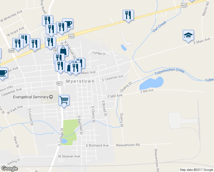 map of restaurants, bars, coffee shops, grocery stores, and more near 100 South Court Street in Myerstown