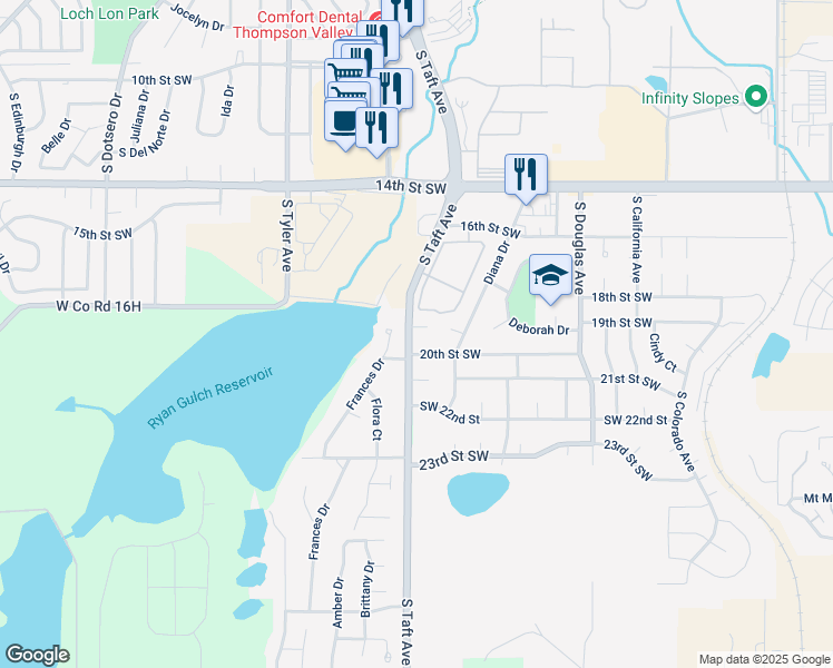 map of restaurants, bars, coffee shops, grocery stores, and more near 1316 Ellen Place in Loveland