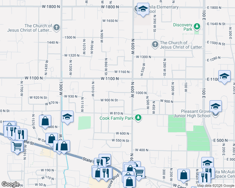map of restaurants, bars, coffee shops, grocery stores, and more near 741 West 1000 North Street in Pleasant Grove