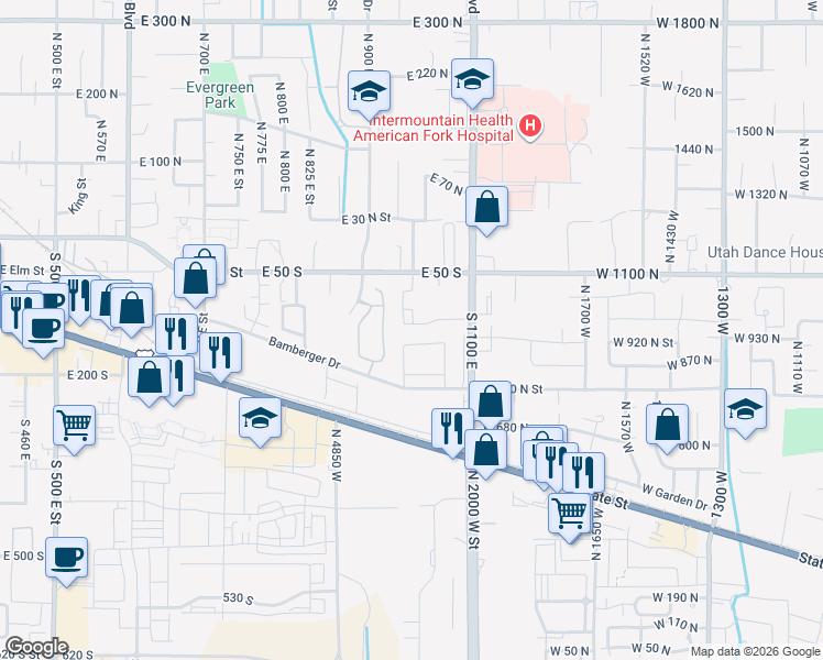 map of restaurants, bars, coffee shops, grocery stores, and more near 988 East 120 South in American Fork