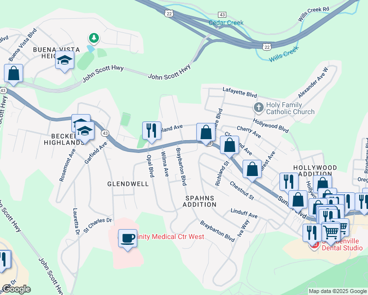 map of restaurants, bars, coffee shops, grocery stores, and more near 2728 Sunset Boulevard in Steubenville