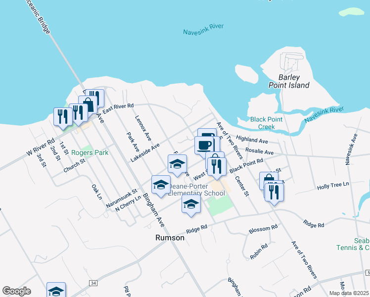 map of restaurants, bars, coffee shops, grocery stores, and more near 14 Bruce Place in Rumson