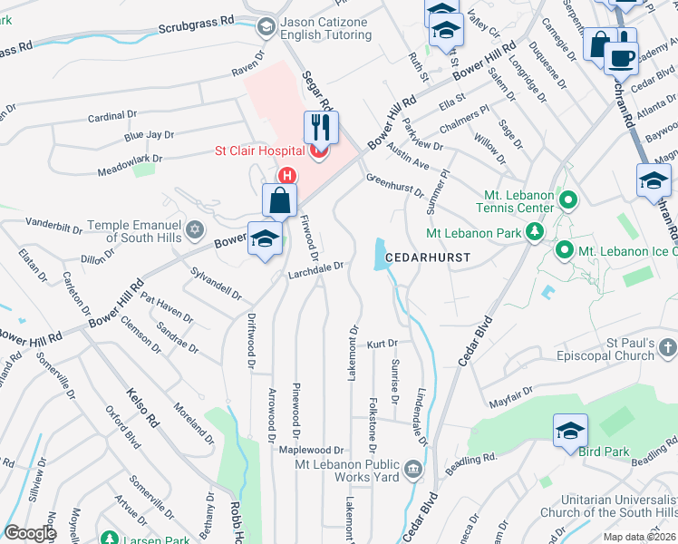 map of restaurants, bars, coffee shops, grocery stores, and more near 1013 Larchdale Drive in Pittsburgh