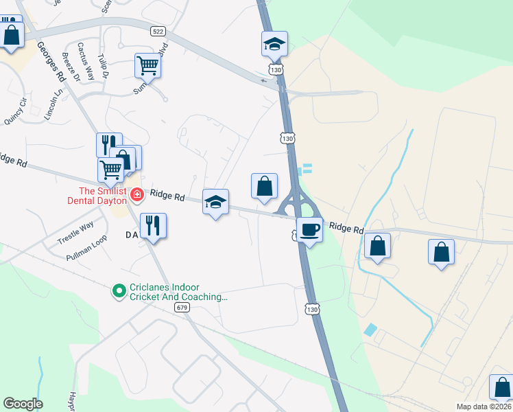 map of restaurants, bars, coffee shops, grocery stores, and more near 340 Ridge Road in South Brunswick Township