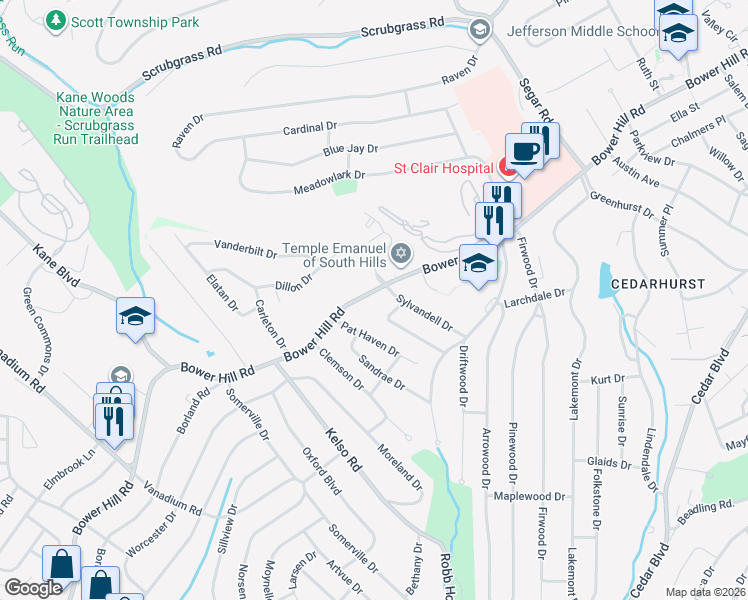 map of restaurants, bars, coffee shops, grocery stores, and more near 1327 Bower Hill Road in Pittsburgh