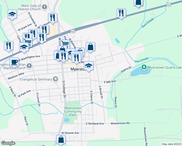 map of restaurants, bars, coffee shops, grocery stores, and more near 108 South Cherry Street in Myerstown