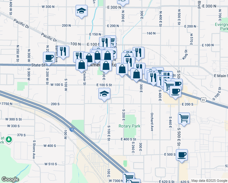 map of restaurants, bars, coffee shops, grocery stores, and more near 146 East 100 South Street in American Fork