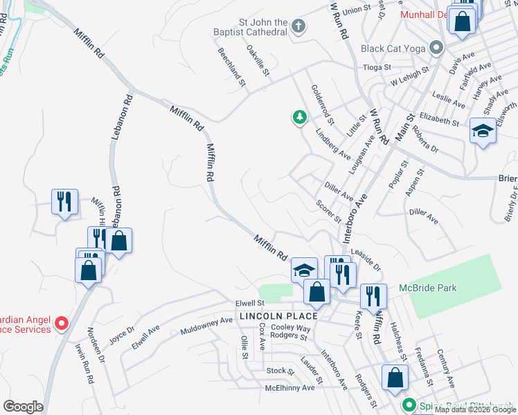 map of restaurants, bars, coffee shops, grocery stores, and more near 5133 Lougean Avenue in Pittsburgh