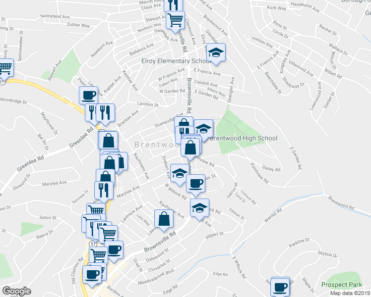 map of restaurants, bars, coffee shops, grocery stores, and more near 3528 Brownsville Road in Pittsburgh