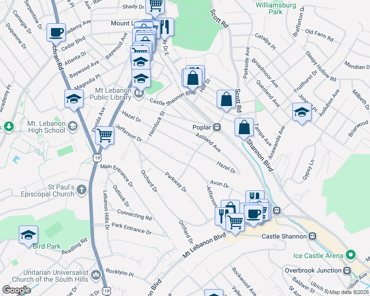 map of restaurants, bars, coffee shops, grocery stores, and more near 264 Hazel Drive in Pittsburgh