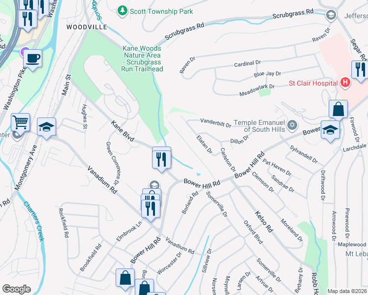 map of restaurants, bars, coffee shops, grocery stores, and more near 43 Jaycee Drive in Pittsburgh