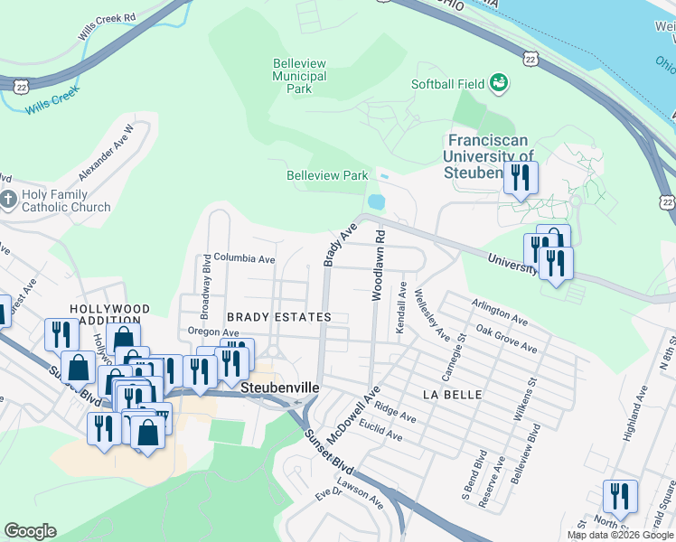 map of restaurants, bars, coffee shops, grocery stores, and more near 1644 Roosevelt Avenue in Steubenville