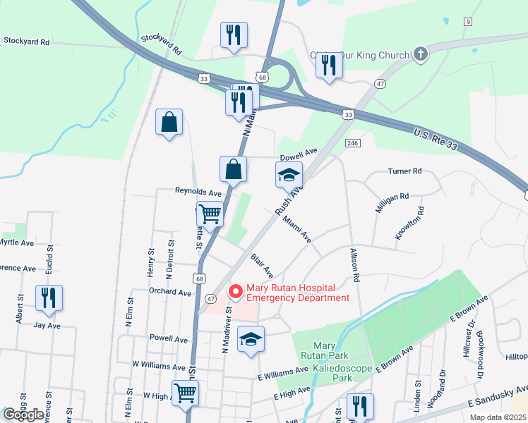 map of restaurants, bars, coffee shops, grocery stores, and more near 150 Miami Avenue in Bellefontaine