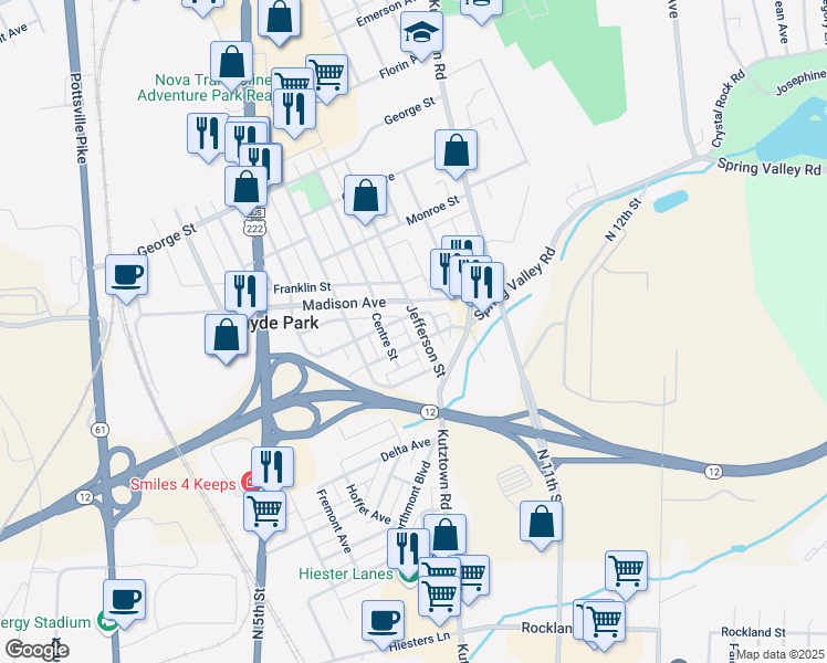 map of restaurants, bars, coffee shops, grocery stores, and more near 212 Jefferson St in Reading